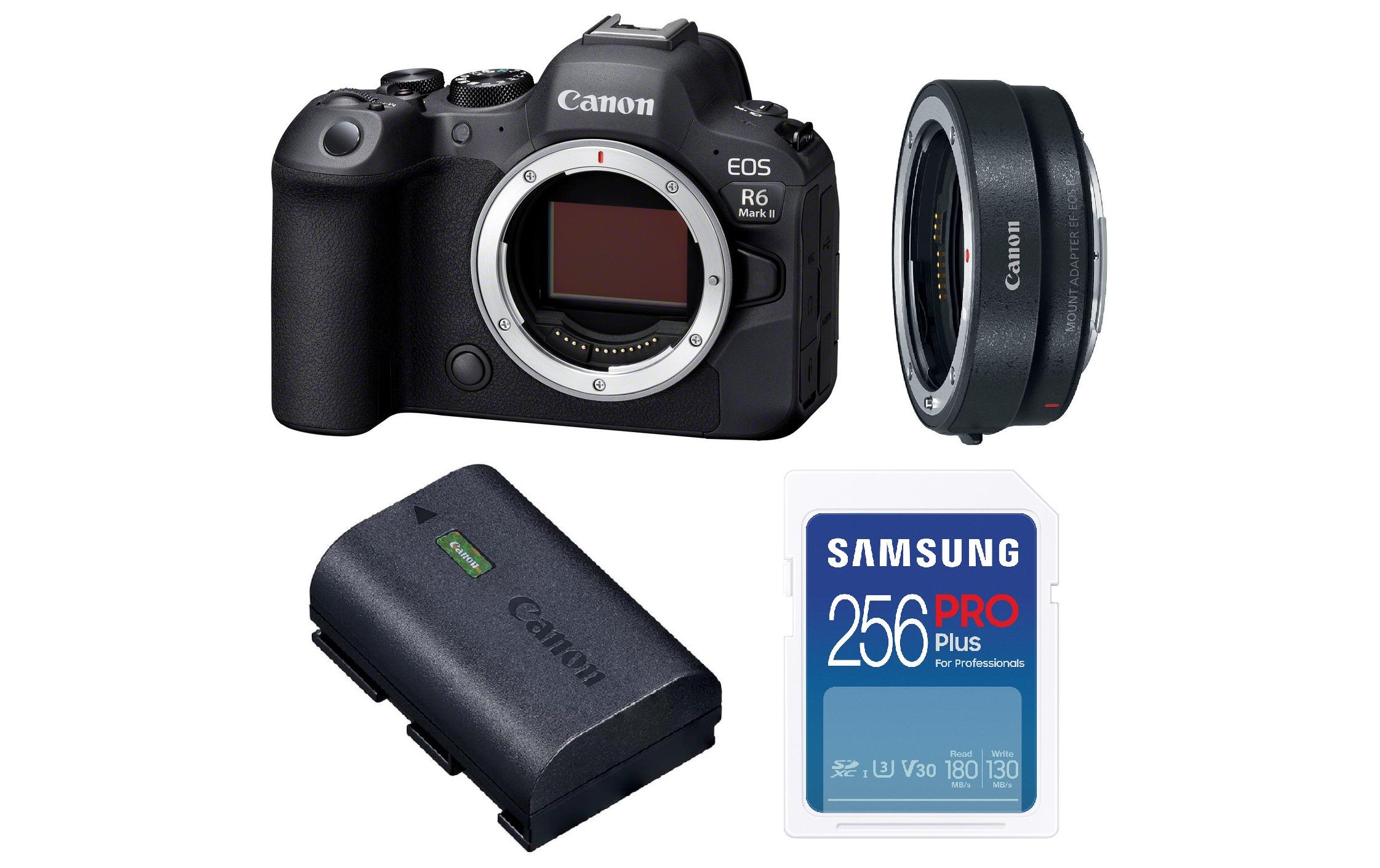 Fotokamera EOS R6 Mark II EF-EOS R LP-E6NH 256 GB SDXC Kit<br>Extrem schnelle und leise Vollformatkamera mit 256 GB Speicherkarte, Objektiv Adapter und Akku