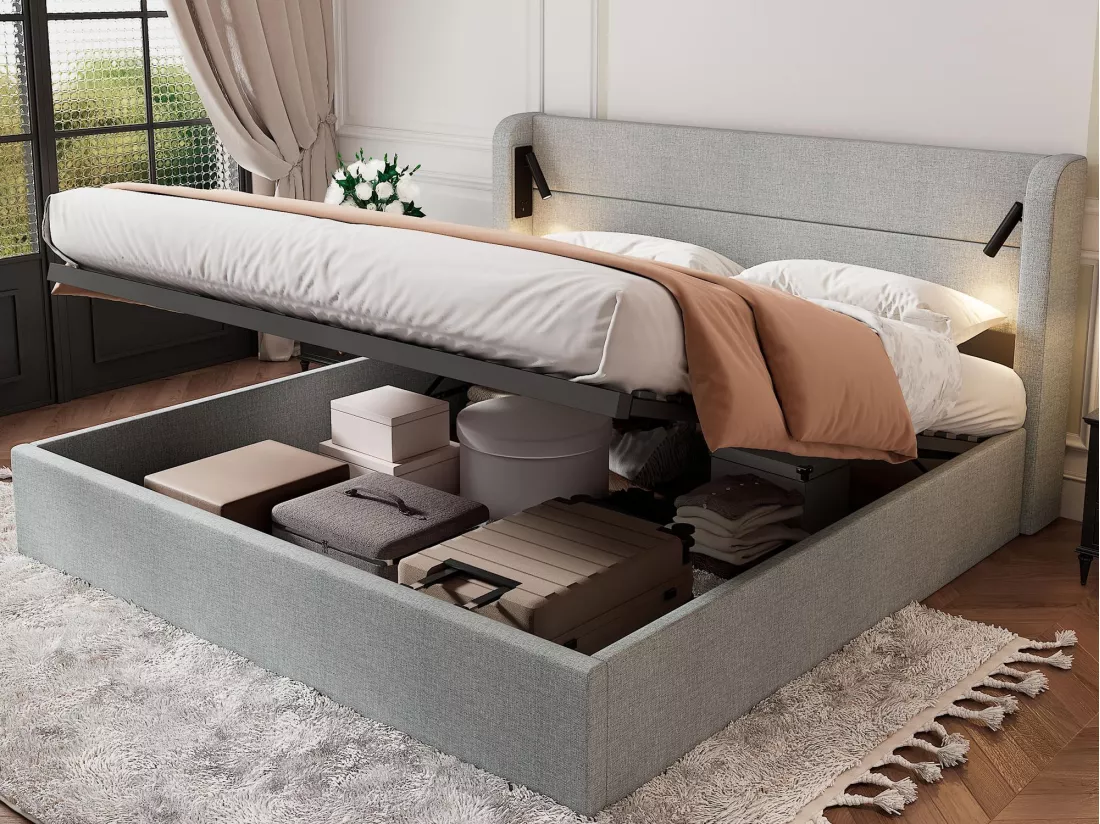 Lit coffre capitonné 180x200 cm - lit double - avec éclairage - sommier à lattes - lin - gris (matelas non inclus)