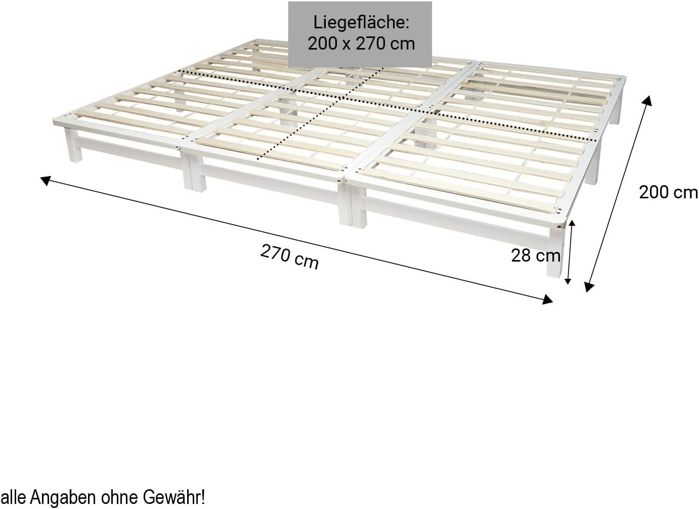 Homestyle4u 2050, Familienbett Palettenbett 270 x 200 cm Massivholzbett Palettenmöbel Bett Holzbett Futonbett Weiß
