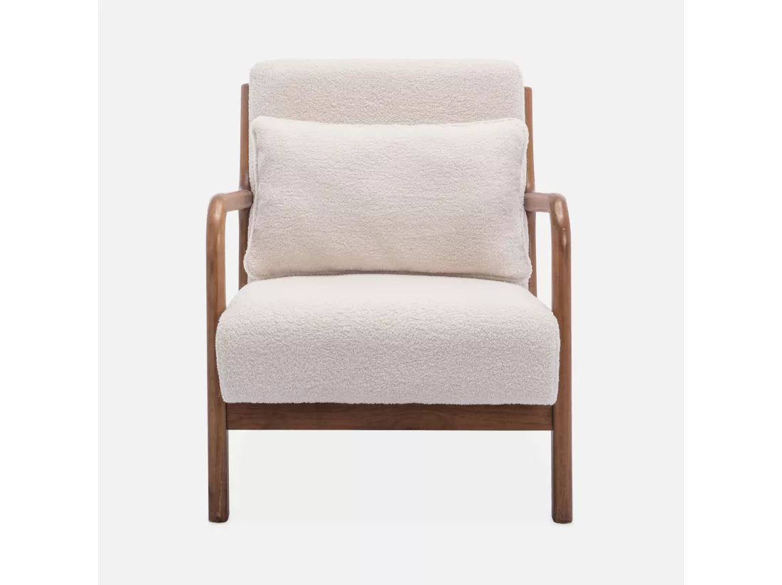 Fauteuil à bouclettes . pieds bois d'hévéa teinté noyer clair. 1 place droit fixe. pieds compas scandinave. structure en bois solide