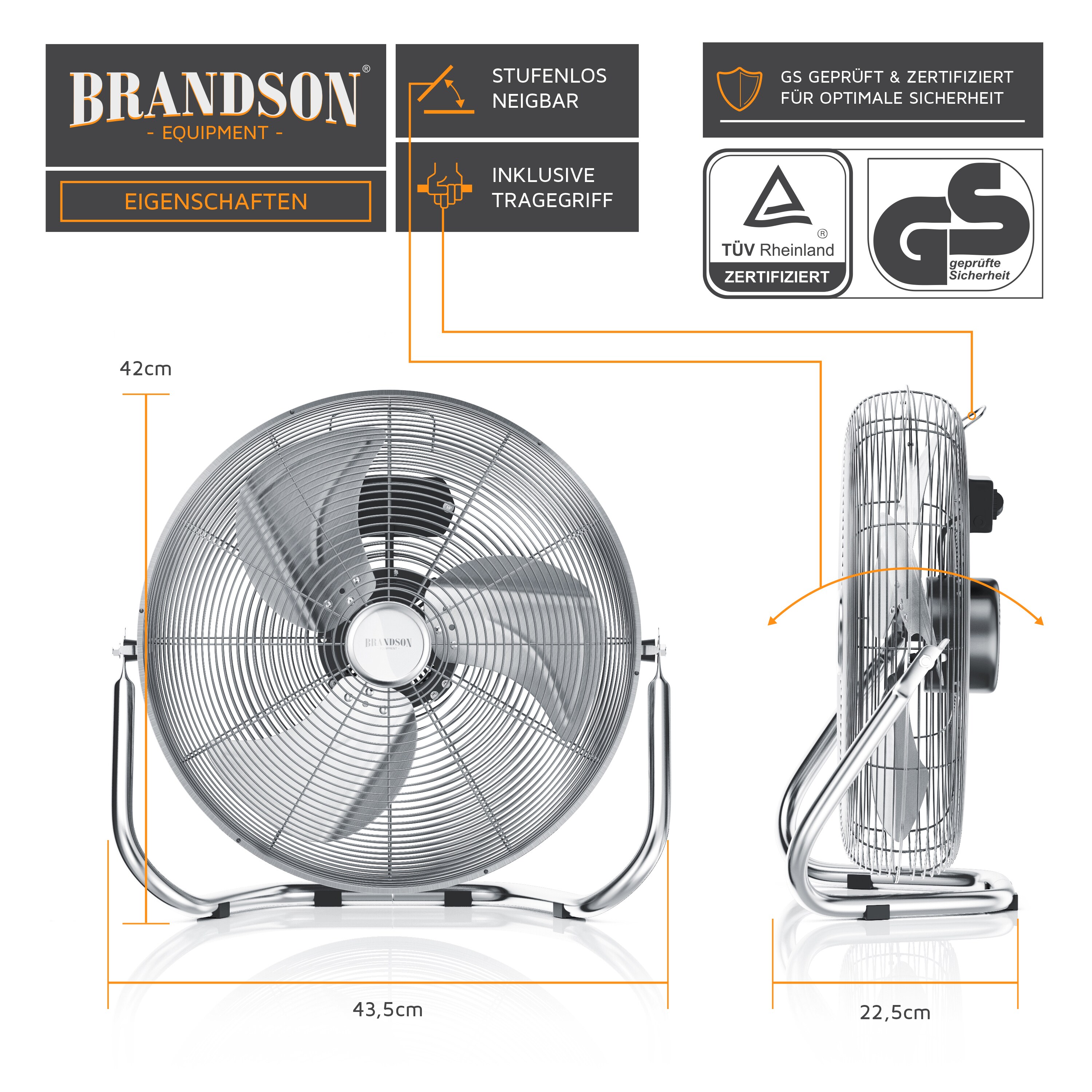Brandson Bodenventilator Retro Stil, Windmaschine 50 cm, Ventilator, Standventilator, hoher Luftdurchsatz, Bodenventilator, stufenlos neigbar, Silber