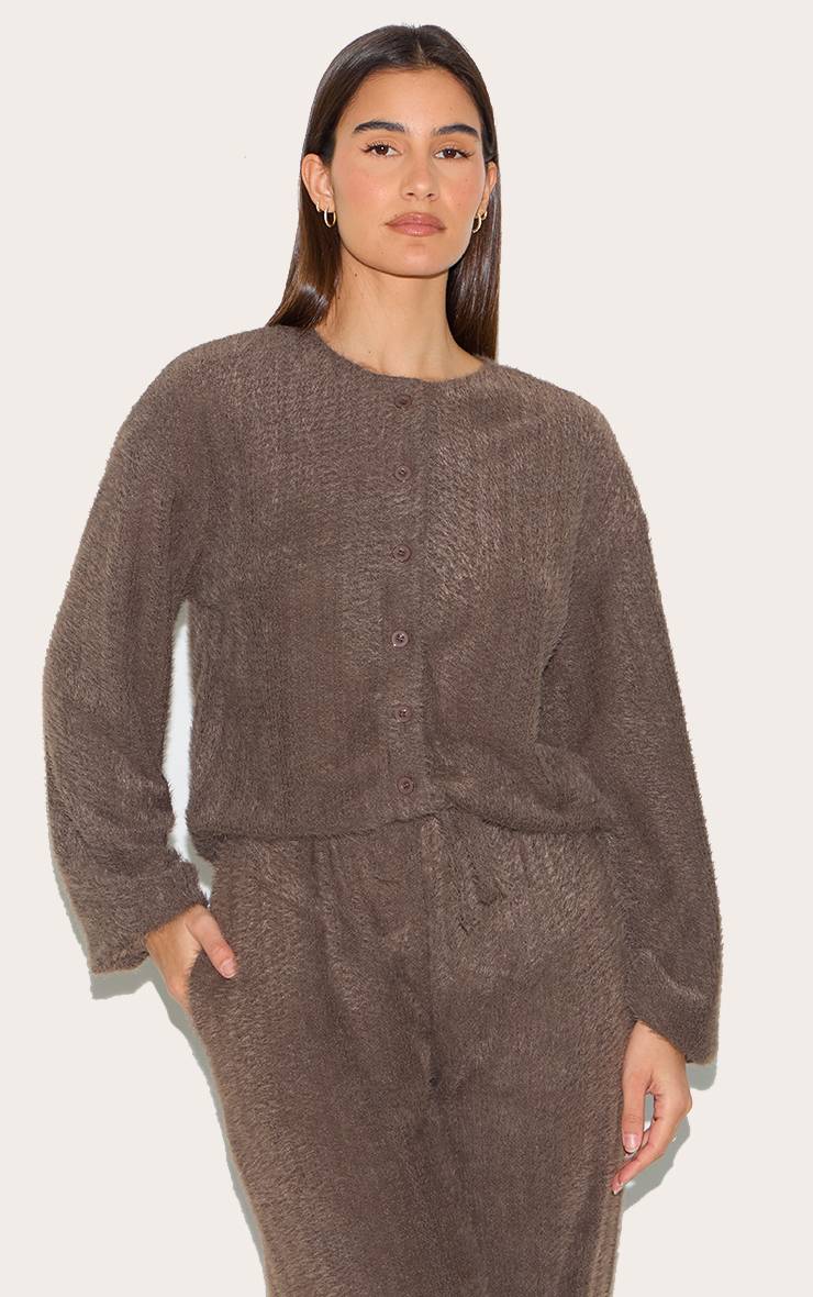 Marron Ensemble Cardigan Texturé À Manches Longues Et Boutons