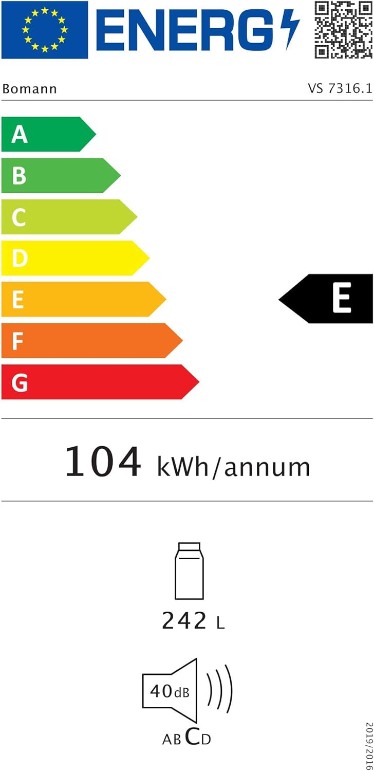 Bomann Réfrigérateur 242L blanc VS7316-1-blanc, Capacité nette : 242 litres, Éclairage intérieur à DEL, Contrôle de la température en continu, 5 clayettes en verre