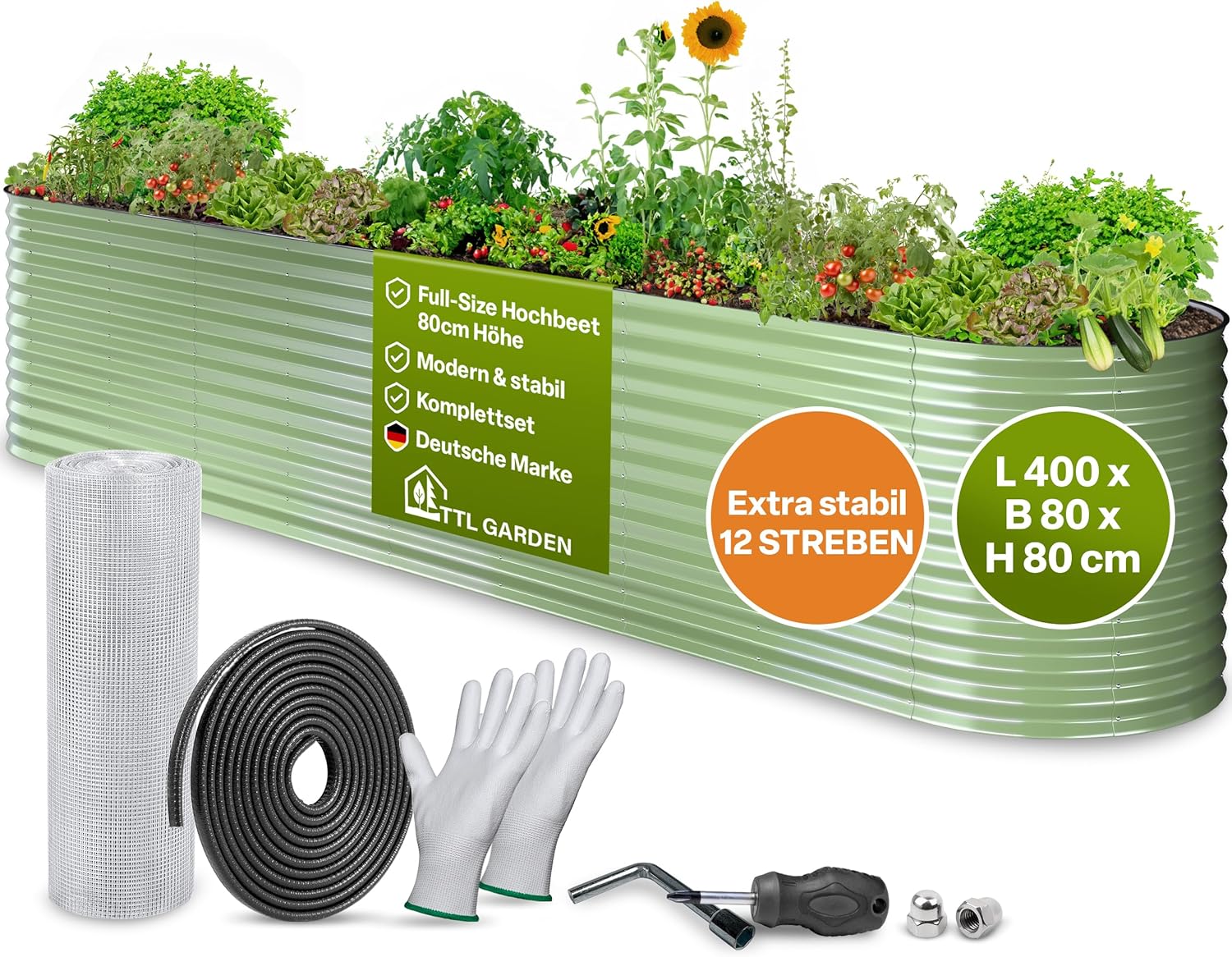 TTL GARDEN 400x80x80cm Nature XXL Metall Hochbeet Salbei-Grün - Stahl rostfrei verzinkt & lackiert Wellblech oval 80cm hoch sehr stabil Garten Beet für Gemüse Kräuter Blumen Gartenbeet Gemüsebeet