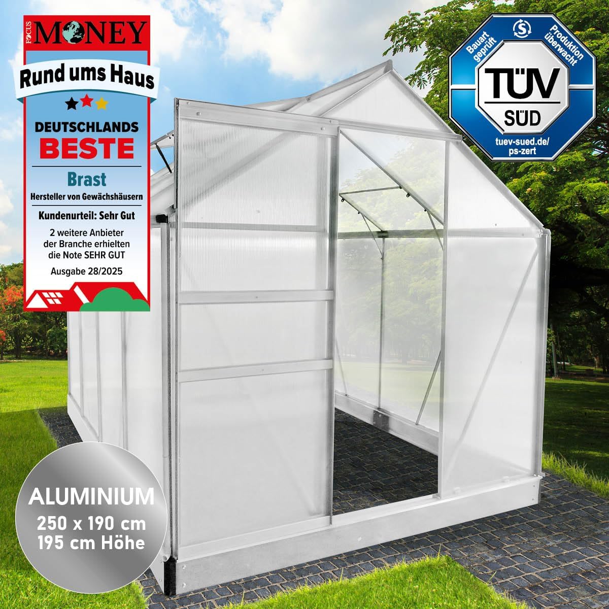 BRAST Gewächshaus Aluminium mit Fundament | 42 Modelle | 130x190x195cm - 490x250x235cm | TÜV geprüft | 6mm Hohlkammerplatten | rostfrei wetterfest temperaturbeständig | 250x190x195cm Silber