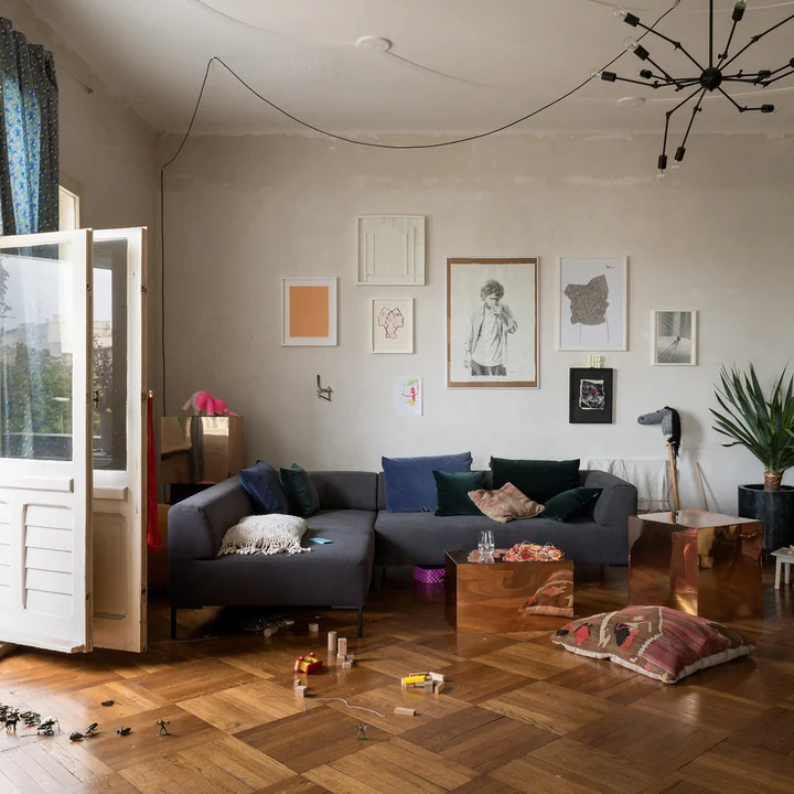 freistil - 185 Sofaecke links, Winkelfuss Grau / Bezug pastellblau (6540)