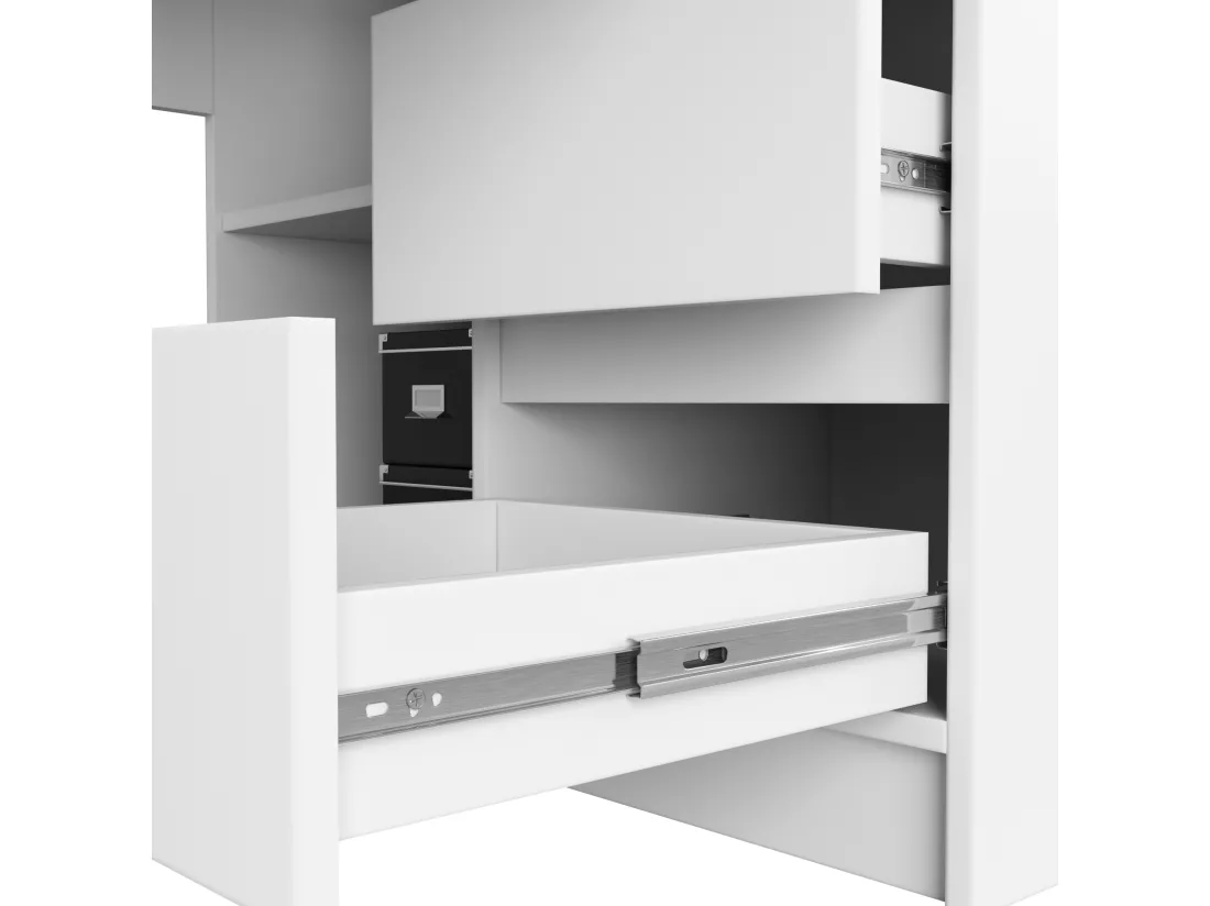 Grand bureau d'angle AKORD droit B20 Blanc 155 cm 1 porte 3 tiroirs façade Blanche 4 étagères 155x85x77 cm