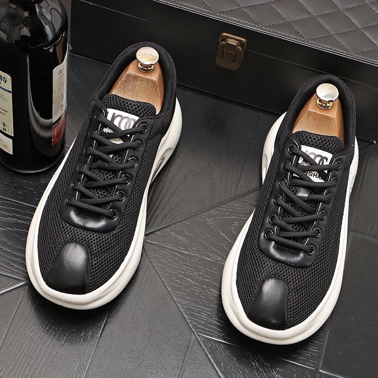 Mr Ozera - Platform Plain Lace-Up Mesh Sneakers