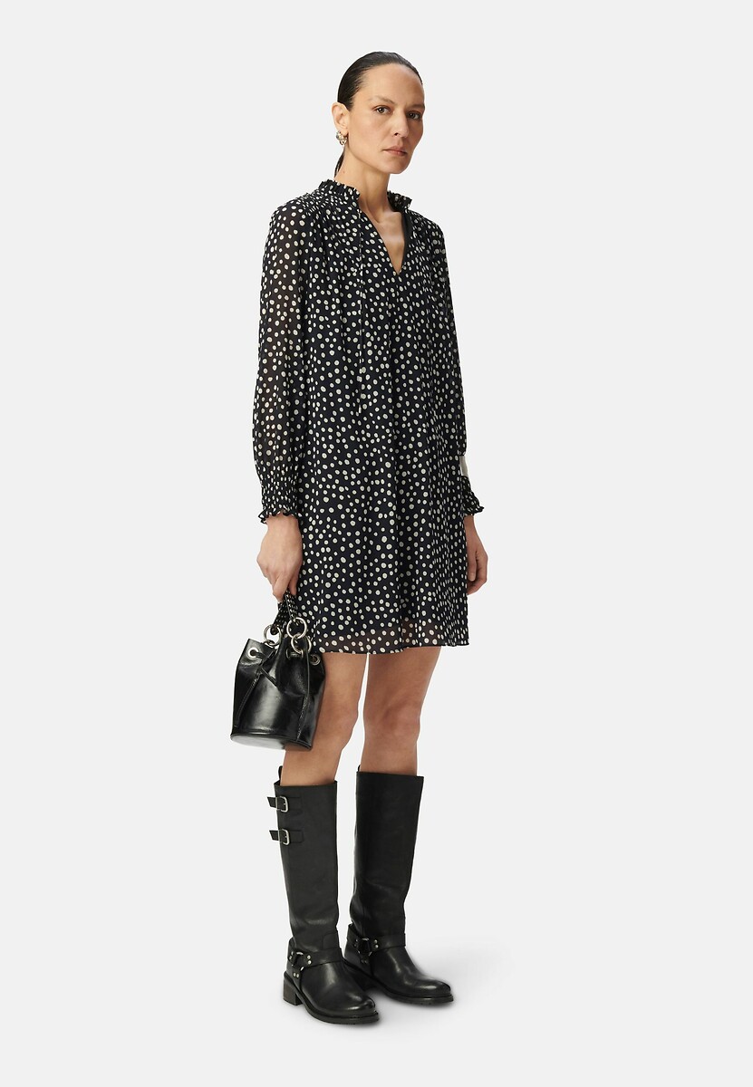 IKKS<br>Vestido curto de bolinhas, mangas compridas, decote em V