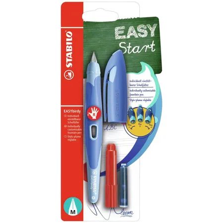 Ergonomischer Schulfüller für Rechtshänder mit Standard-Feder M - STABILO EASYbirdy Pastel Edition in blau/hellblau - Einzelstift - inklusive Patrone und Einstellwerkzeug - Schreibfarbe blau (löschbar)