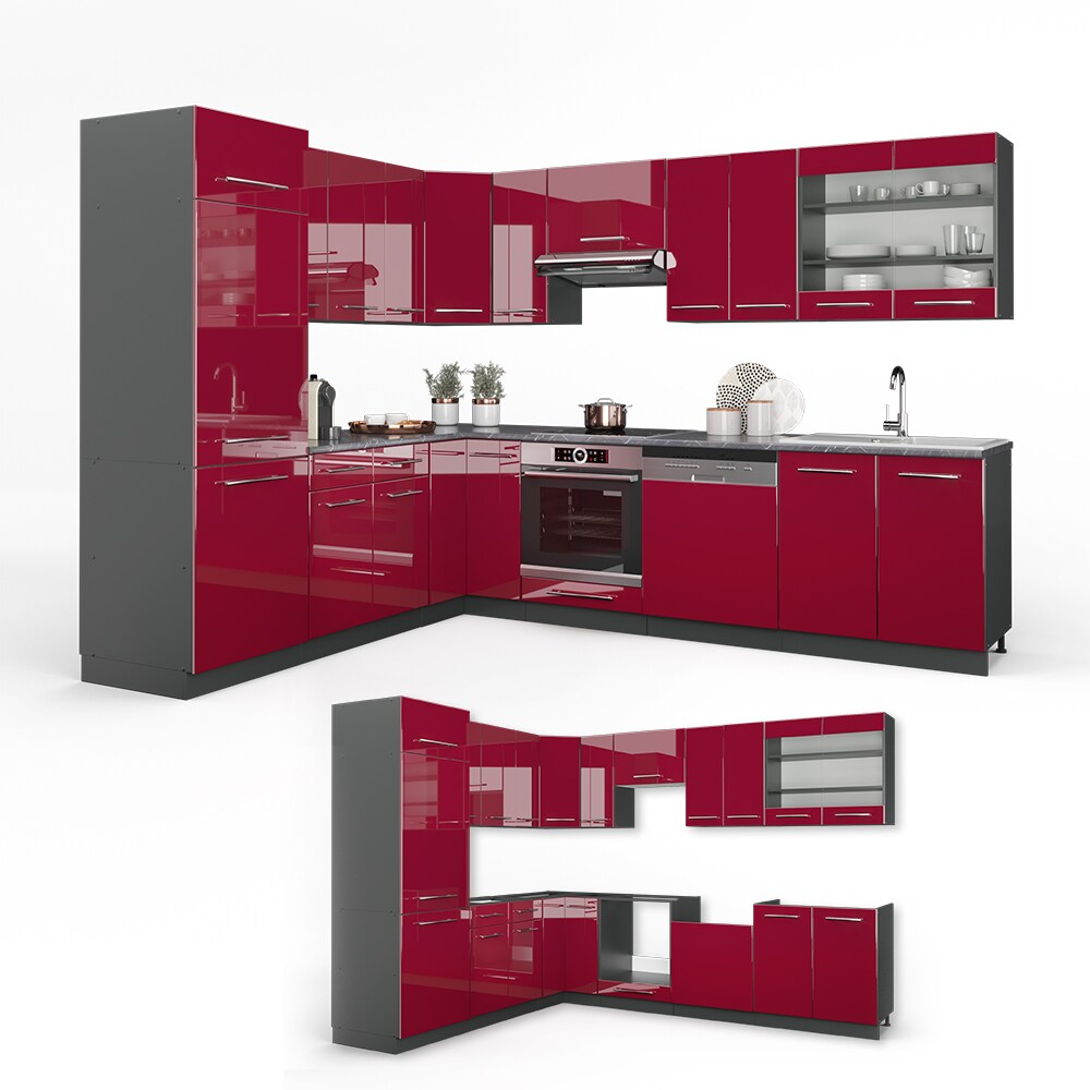 Vicco Küchenzeile Fame-Line Eckküche Winkel Küche Einbau Bordeaux Hochglanz