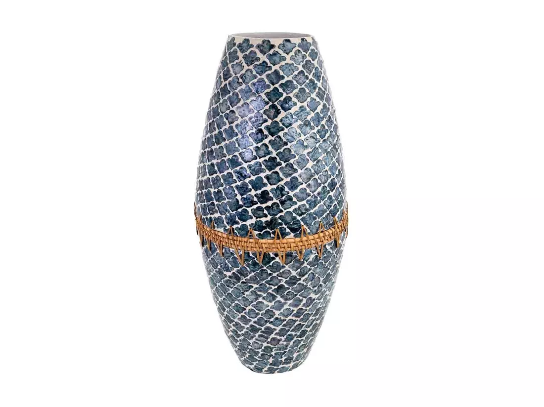 Vase en bois, capiz et rotin gris D25x59h cm