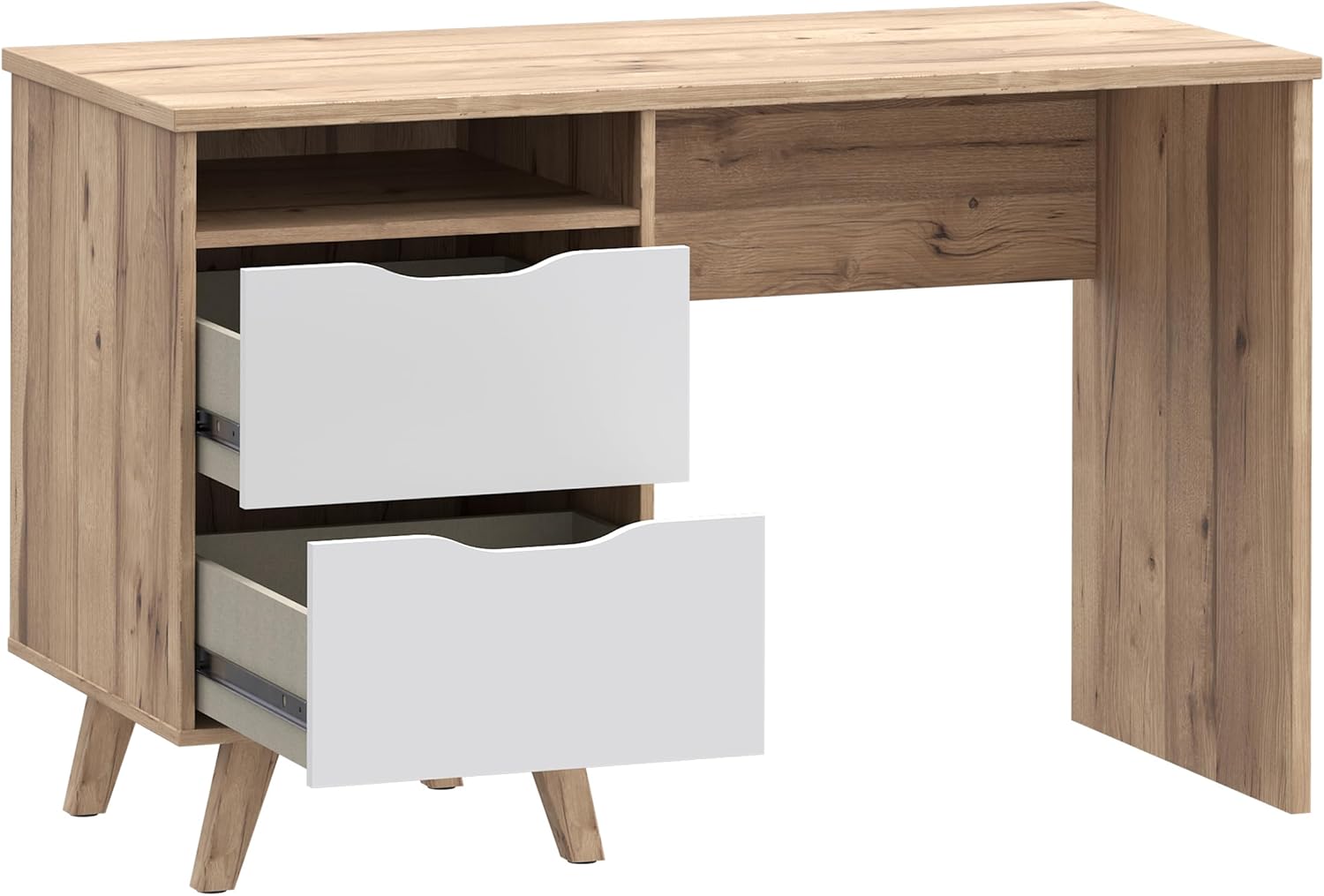 Forte VANKKA Schreibtisch 120, Skandi Schreibtisch mit 2 Schubladen, offenen Fach und filigranen Möbelbeinen, Holzwerkstoff, Planked Eiche Holzdekor, 119,7 cm breit x 75 cm hoch x 52,7 cm tief