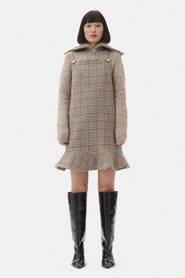 Ganni Check Wool Mix Mini Dress Tiger's eye