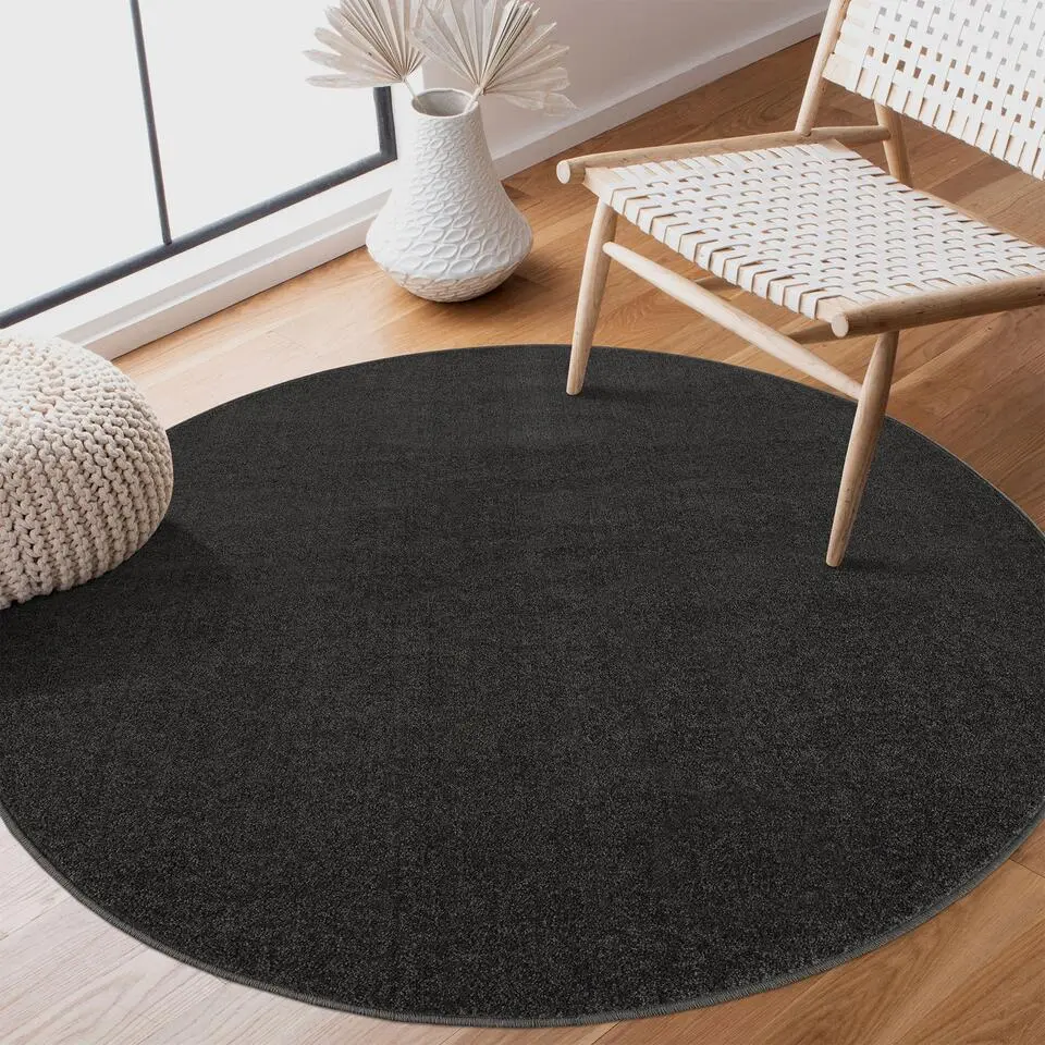 Uni Rond Effen Laagpolig Vloerkleed Modern Donker Grijs - 150 CM ROND