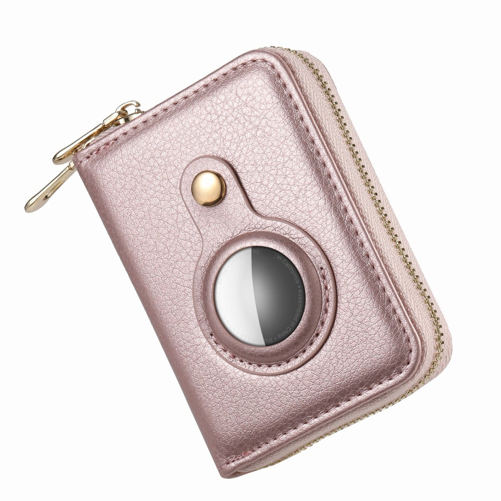 (12.7x11.1x3.6cm) Apple AirTag Wallet Mini Kreditkarten Portemonnaie Leder Etui Geldbörse Litchi Look  (RFID Schutz) - Roségold