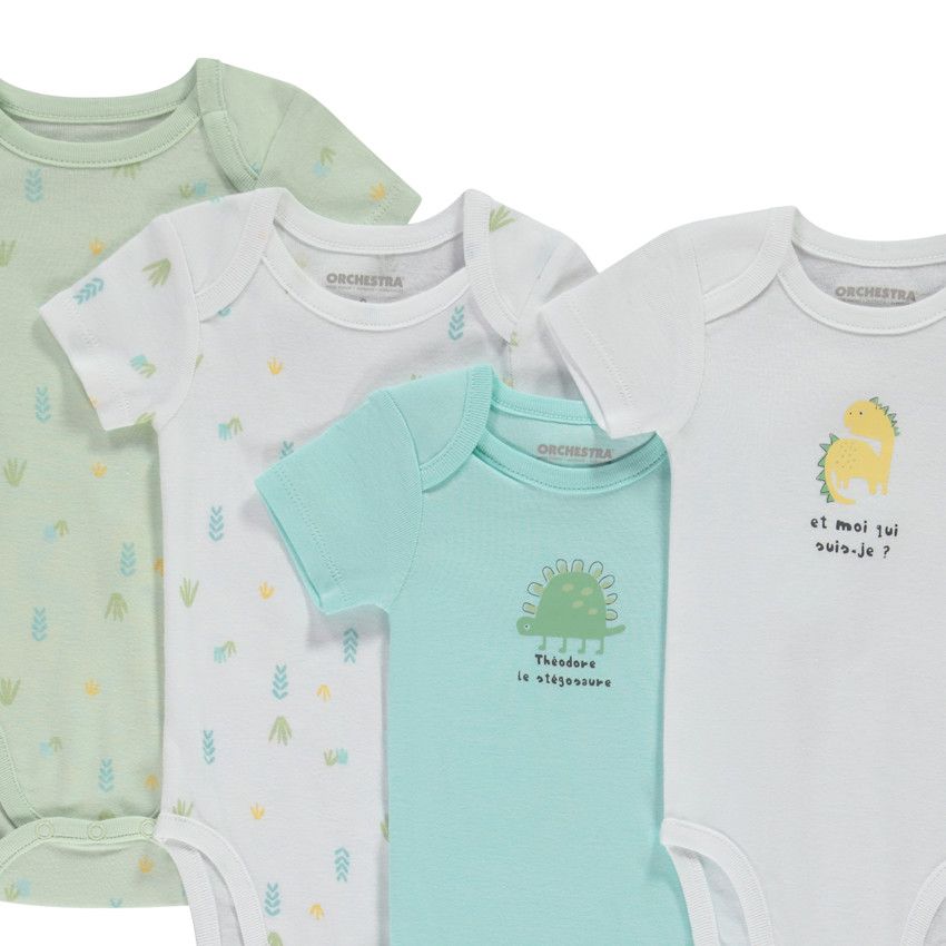 Lot de 7 bodies manches courtes fantaisie dinosaure pour bébé garçon - Blanc