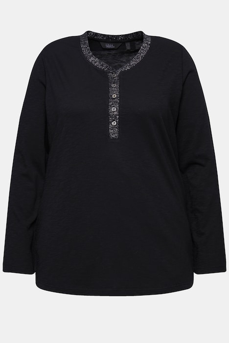 Shirt, Glitzer-Knopfleiste, V-Ausschnitt, Langarm