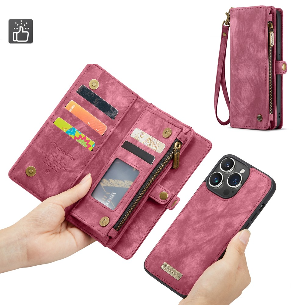 iPhone 16 Pro 2in1 Leder Tasche   Magnet Hardcase Karten Etui - Rot