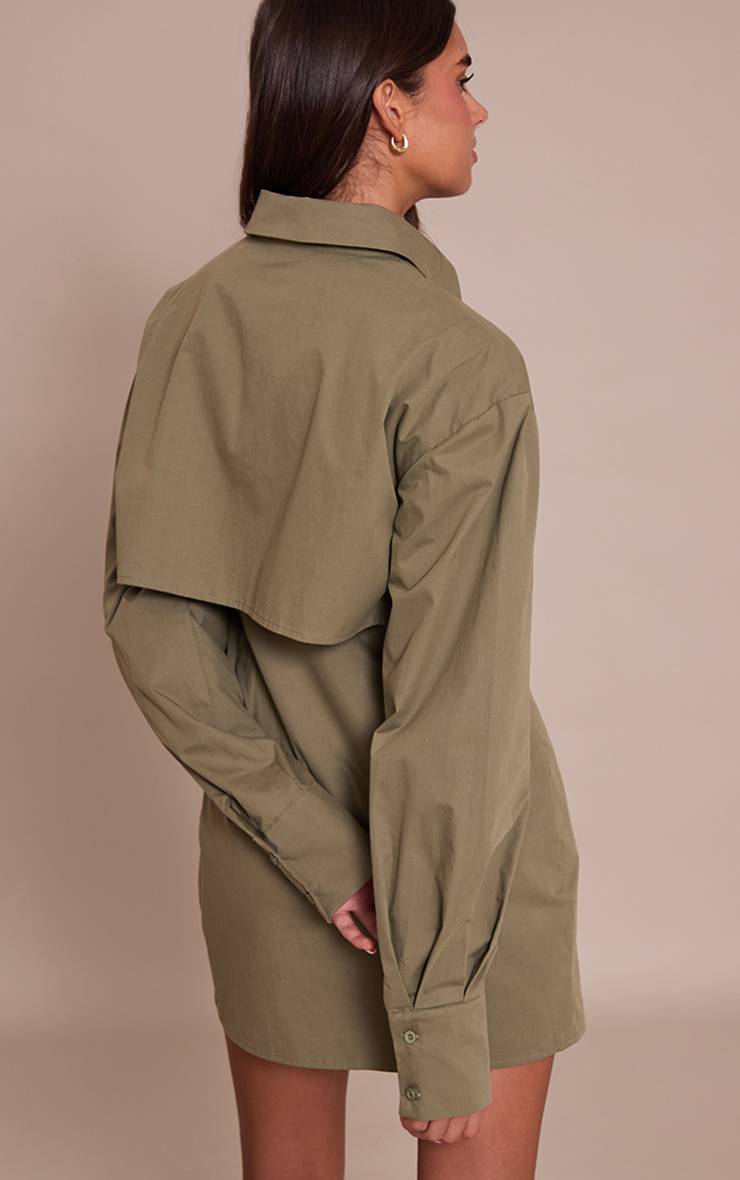 Kaki Robe Chemise À Manches Longues Avec Détail Superposé