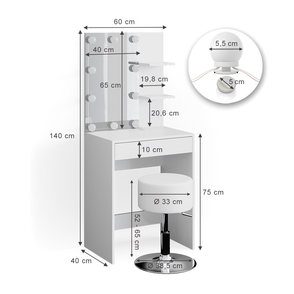 Vicco Schminktisch Frisiertisch Schminkkommode Isabelle LED-Beleuchtung + Hocker