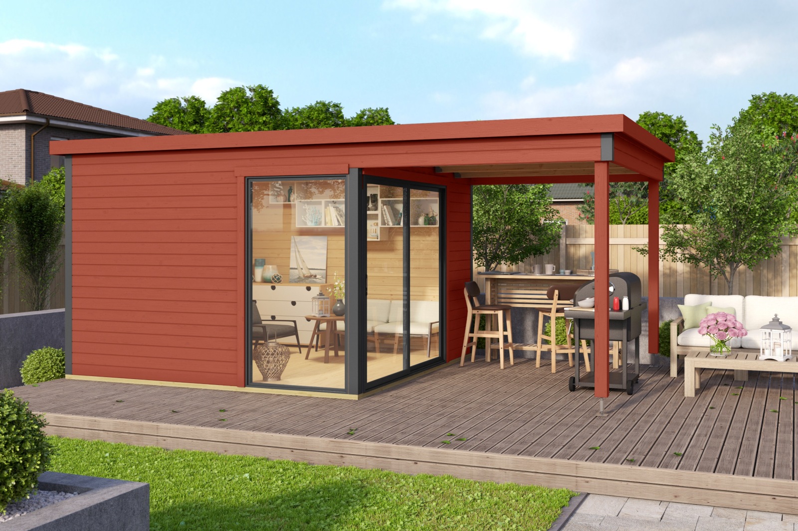 Gartenhaus DOMEO 2 - schwedenrot-anthrazit - Fichte massiv - 504,4x300 cm
