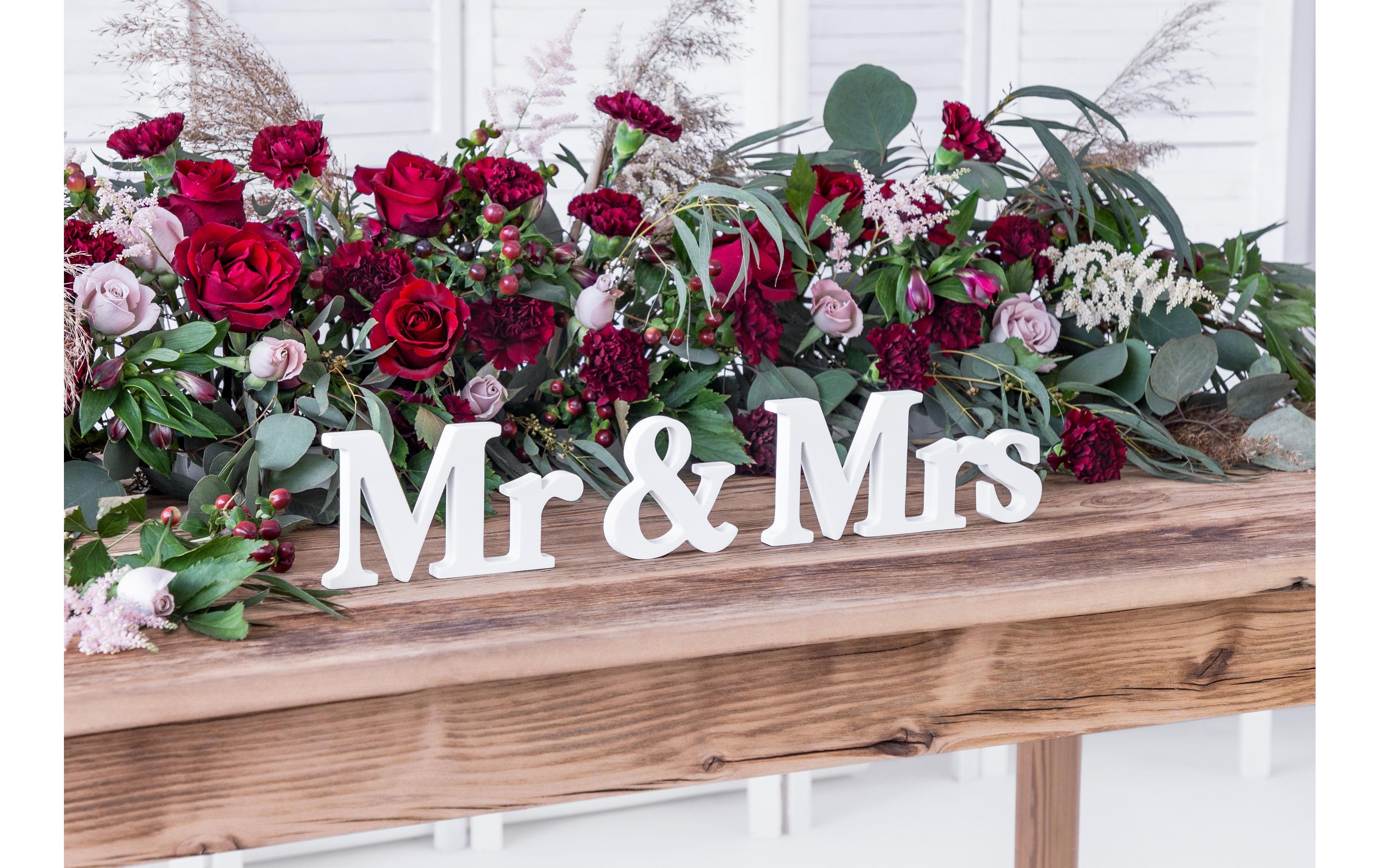 Hochzeitsaccessoire Holzschrift Mr & Mrs 50 x 9.5 cm, WeissBuchstabendekoration aus Holz für die Hochzeit, oder den Polterabend