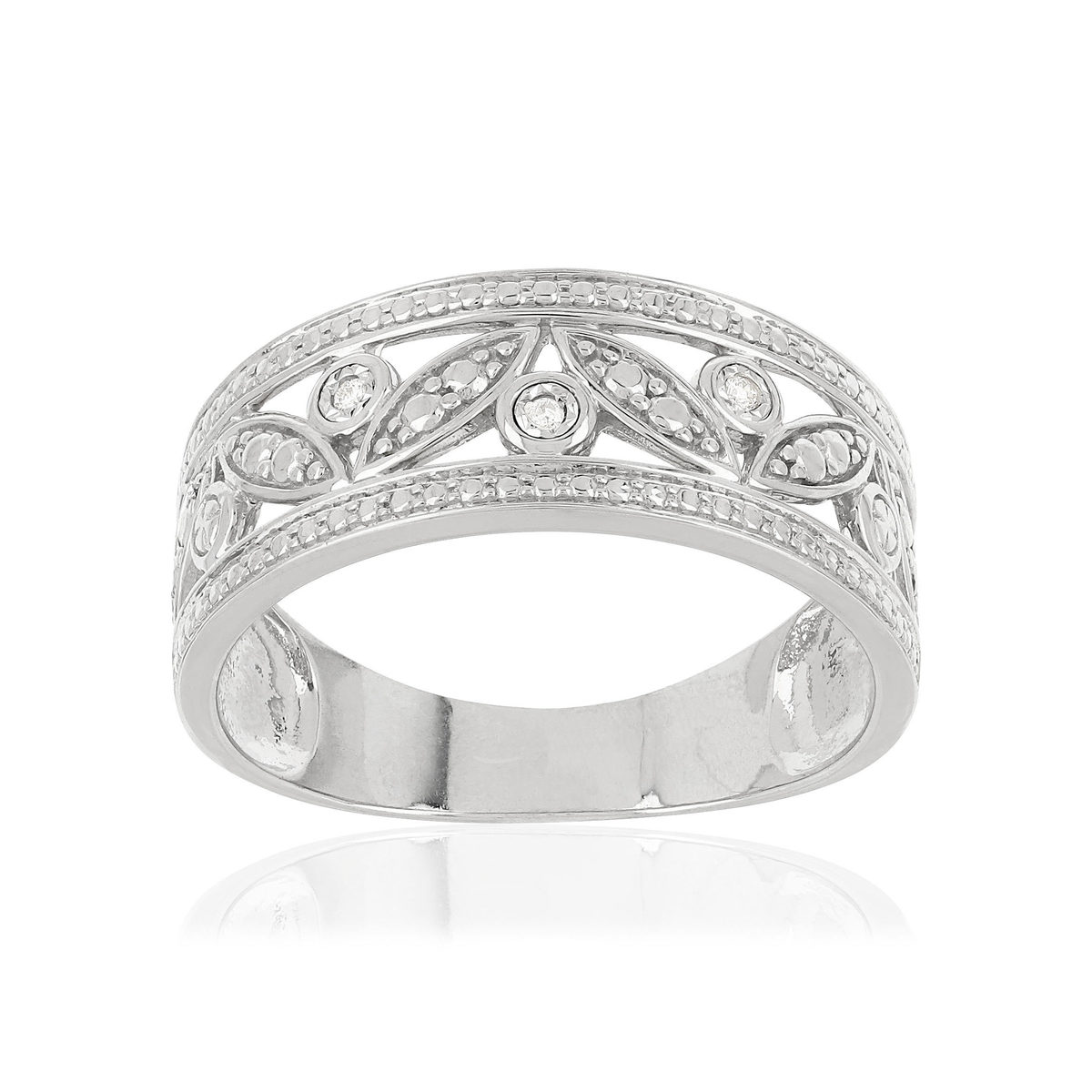Bague or 375 blanc ajourée diamants