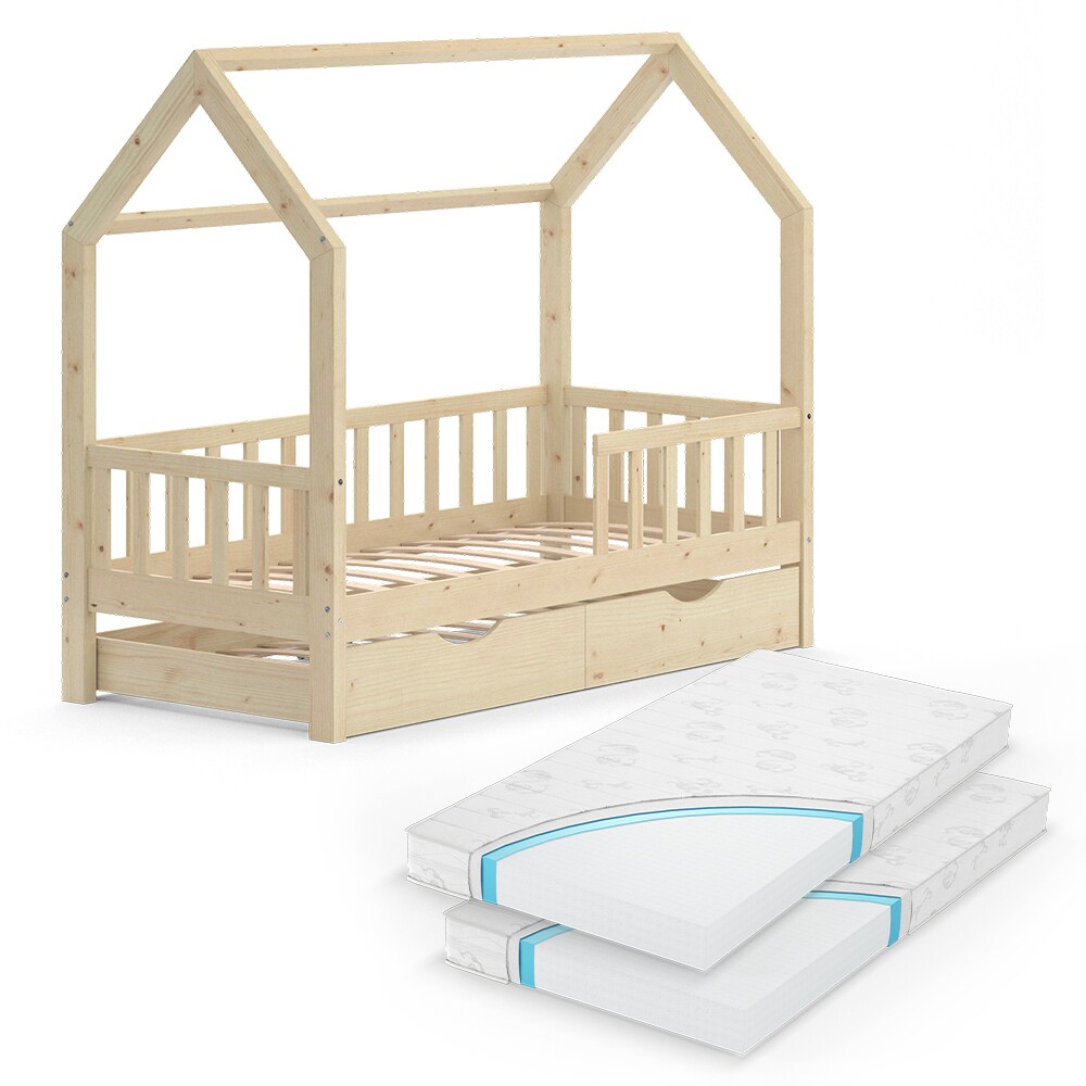 VitaliSpa Kinderbett Hausbett Gästebett Wiki Natur 80x160cm Schublade Matratzen