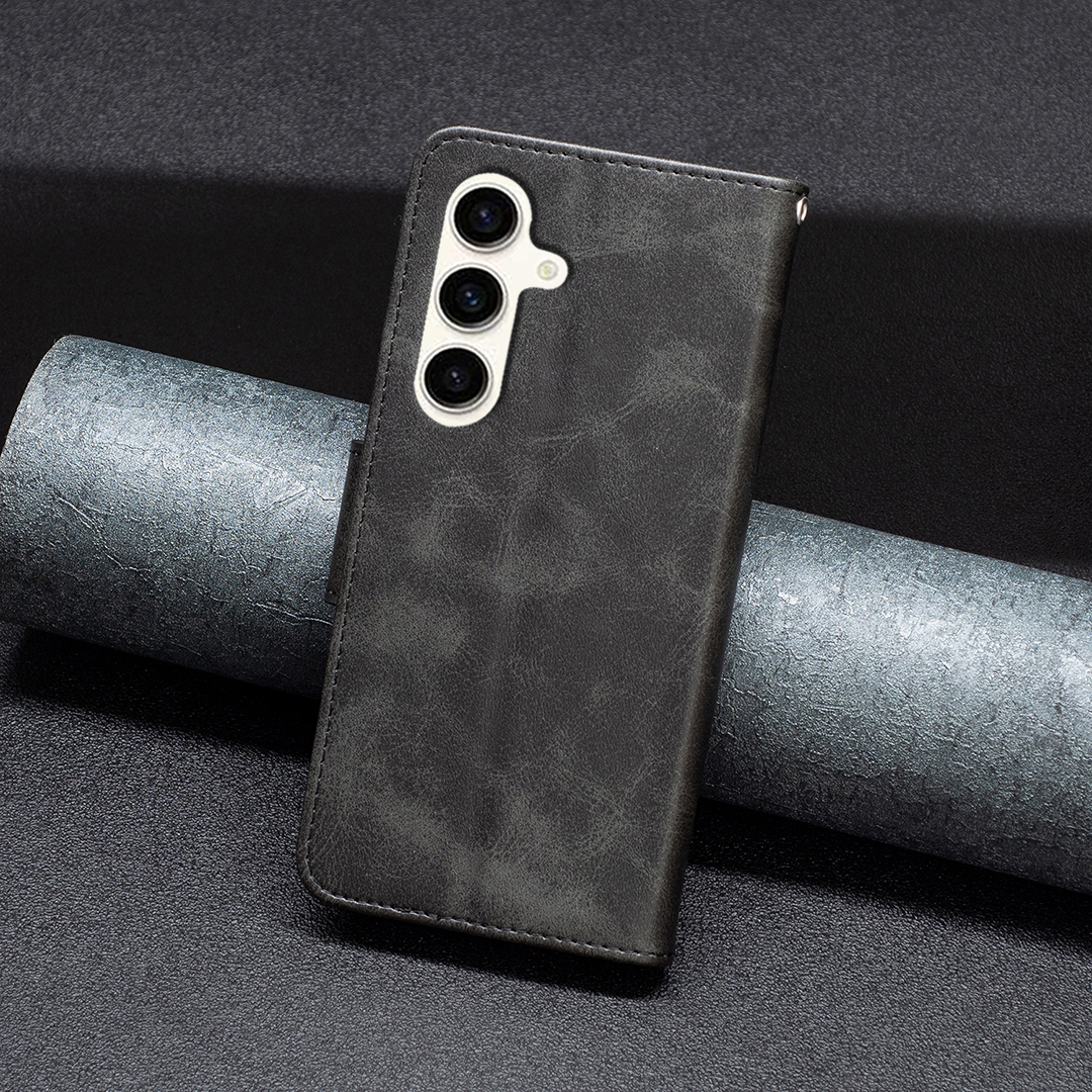 Samsung Galaxy S24 FE Leder Tasche Flip Cover mit Kartenfächer Vintage Look   Trageschlaufe - Schwarz