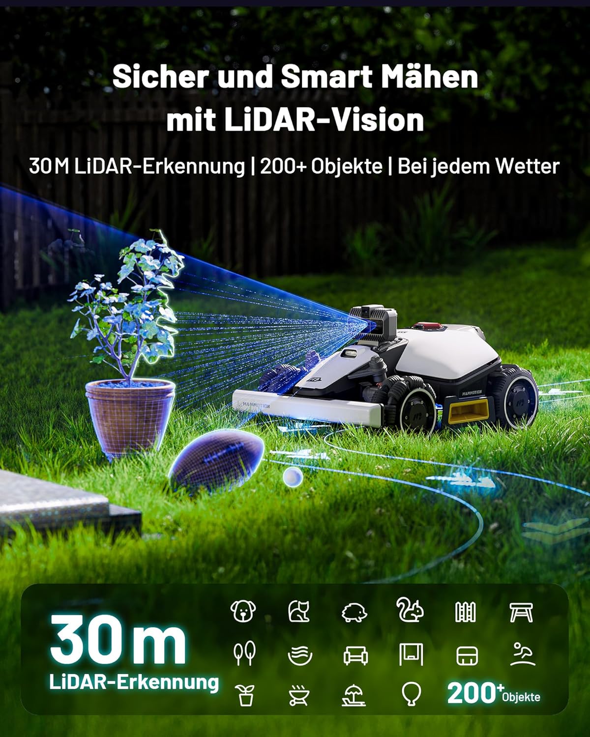 MAMMOTION LUBA mini AWD LiDAR Mähroboter ohne Begrenzungskabel Mit 3D LiDAR + Vision, Ohne RTK-Antenne, Automatische Kartierung, empf. für 1.500 m², 4G-Modul, bis zu 80% Steigung