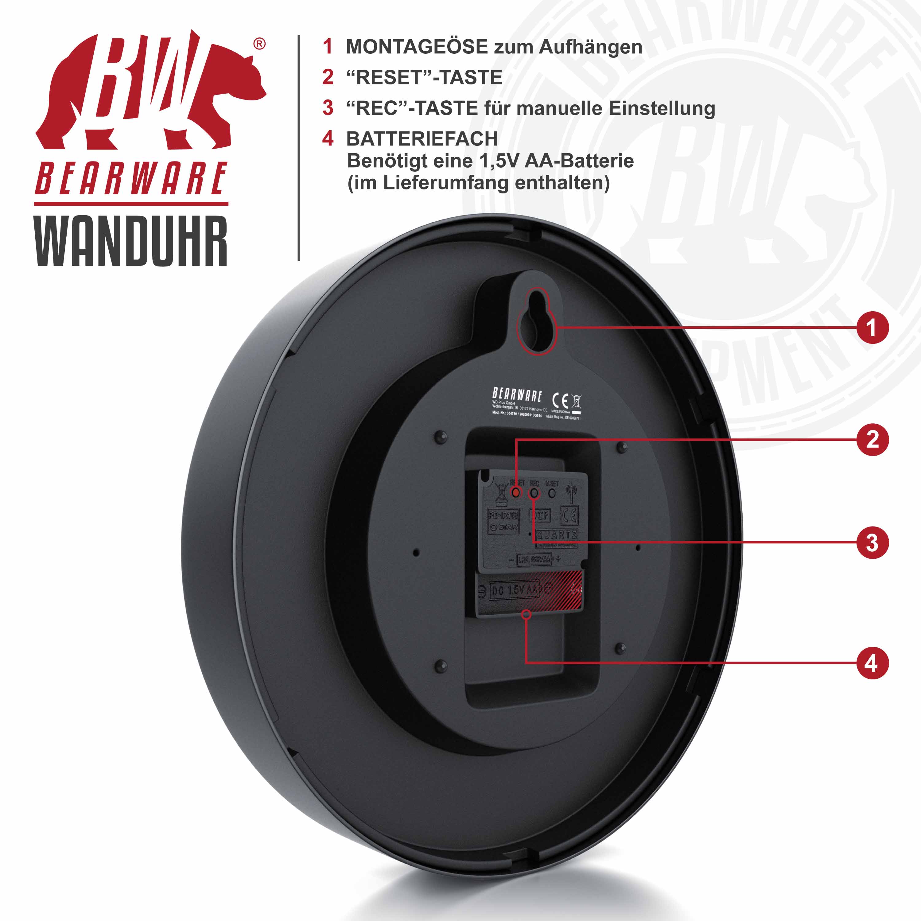 BEARWARE Wanduhr rund mit 24 cm Durchmesser Analoge Anzeige - DCF-Signal - Batteriebetrieb