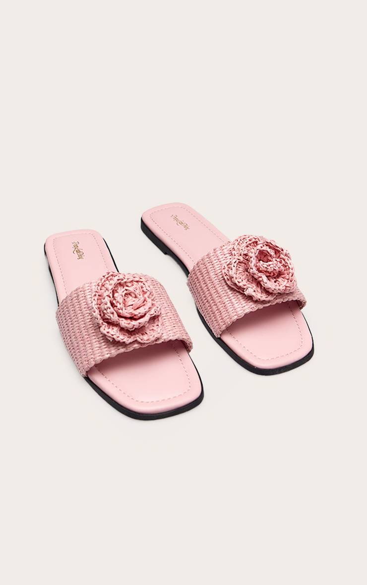 Rose Sandales Mules En Raphia Avec Détail Fleur