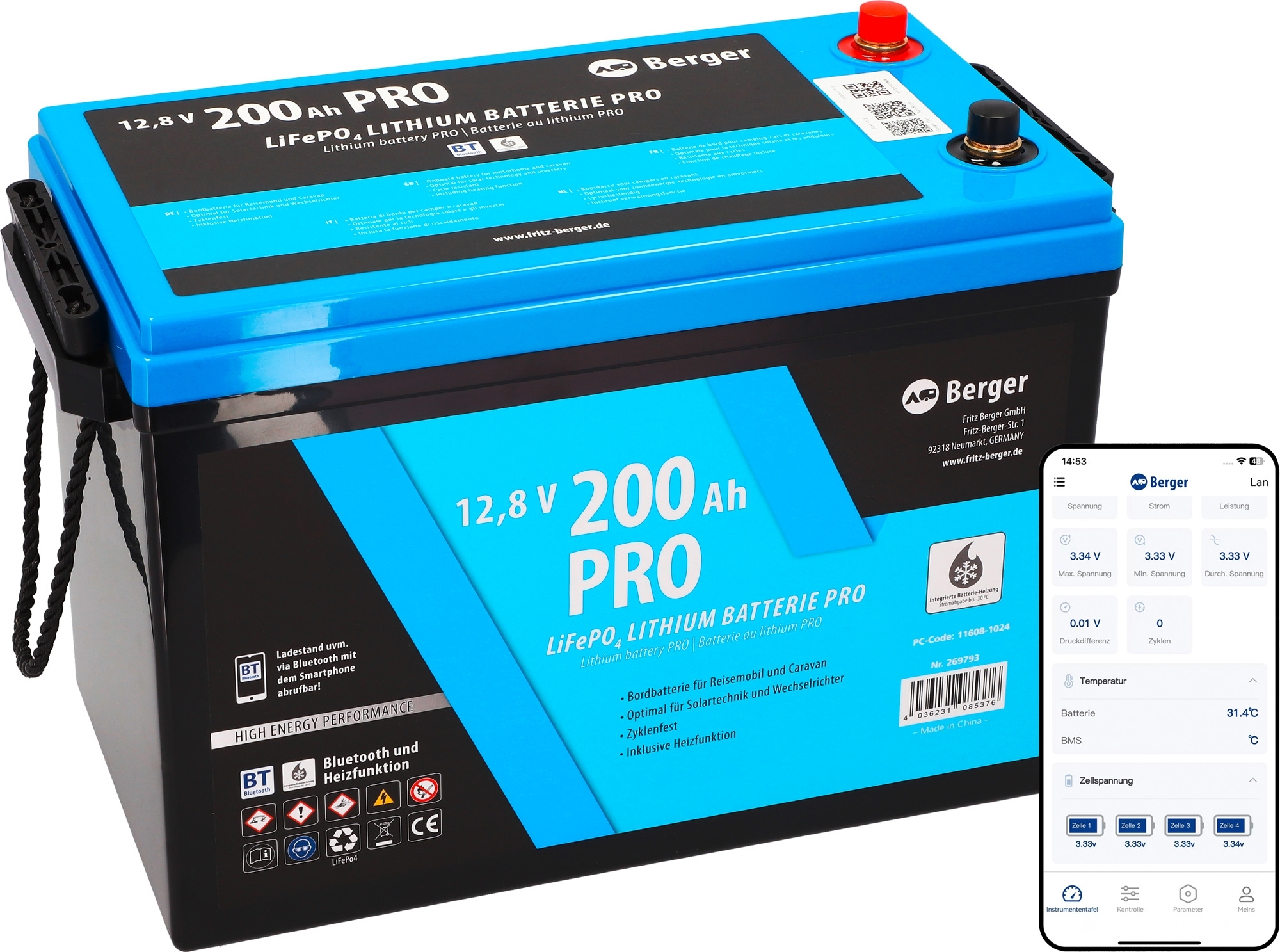 Berger LiFePO4 Lithium Batterie Pro 200 Ah 12 V mit Bluetooth & Heizung