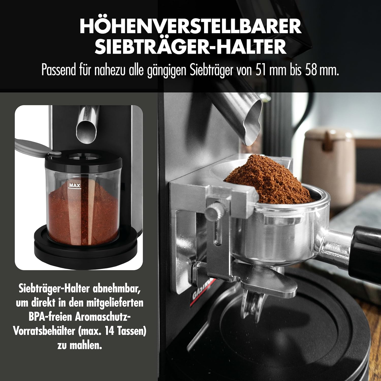 GASTROBACK Barista Kaffeemühle Elektrisch für Siebträgermaschine - 30 Stufen Mahlgrad Einstellbar, Kegelmühlen - Elektrische Kaffeemühle Kegelmahlwerk, Espressomühle Siebträger Kaffeemaschine