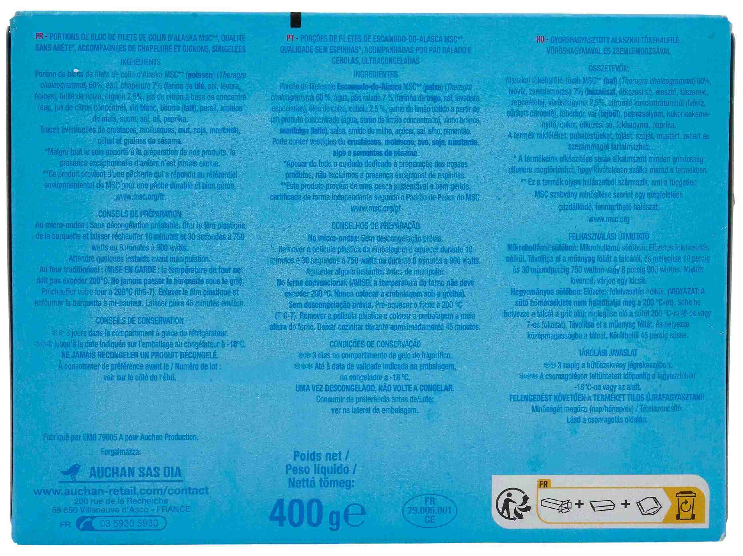 FILETES ESCAMUDO-DO-ALASCA AUCHAN MOLHO BORDELAISE 2UN 400G