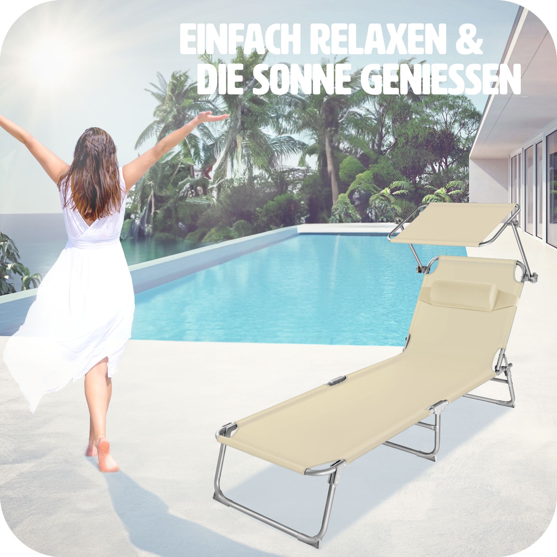 tectake® Gartenliege, klappbar, 4-fach verstellbare Rückenlehne mit Kopfpolster, 190 x 68 x 65 cm