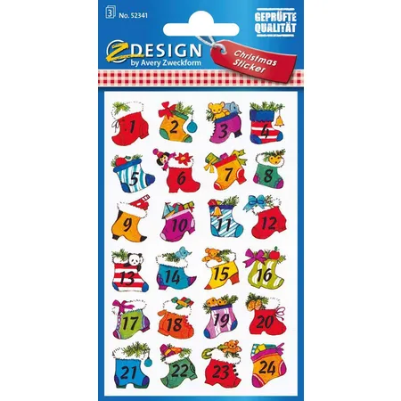 Avery Zweckform Z-Design 52341Weihnachtssticker, Strümpfe mit Zahlen (1-24, 3 Bogen/72 Sticker