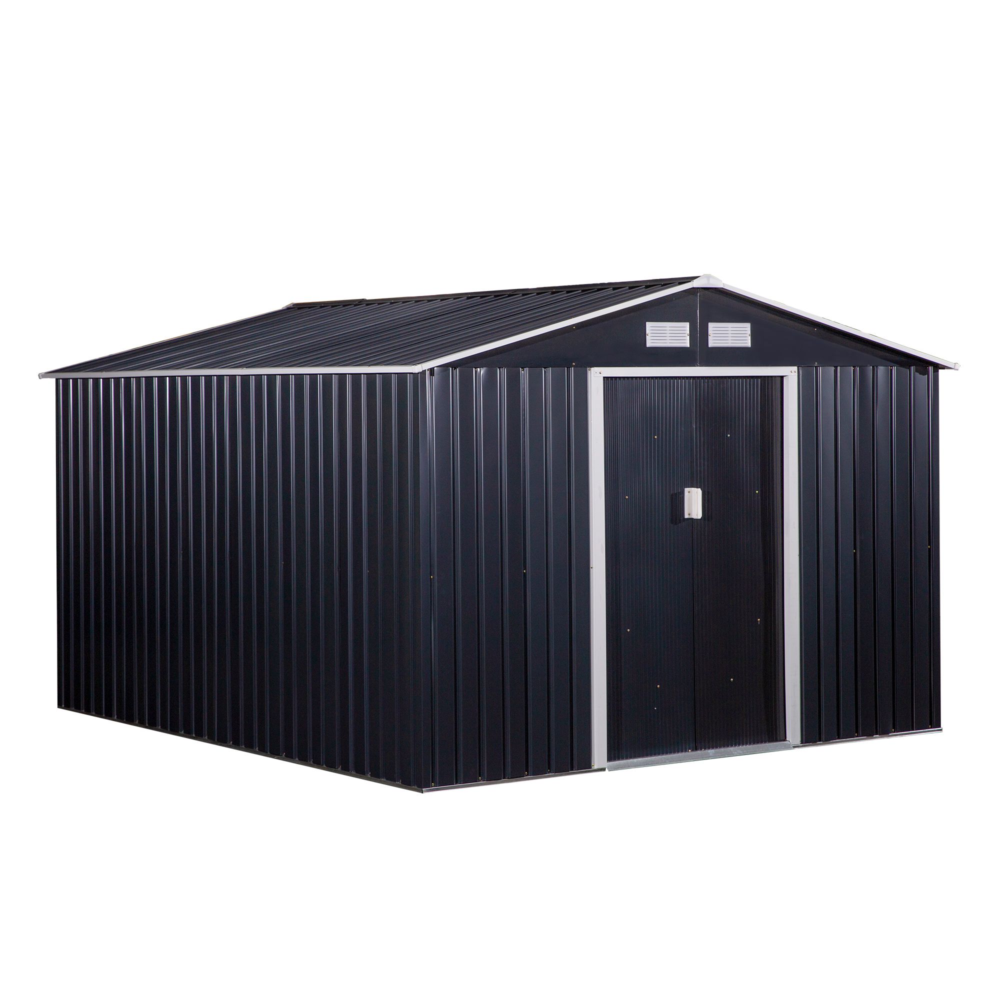 Casinha de jardim externa Outsunny, 8,3 m² (277 x 322 x 192 cm) com 2 portas de correr e base reforçada (piso NÃO incluído) para pátio ou terraço, cinza.
