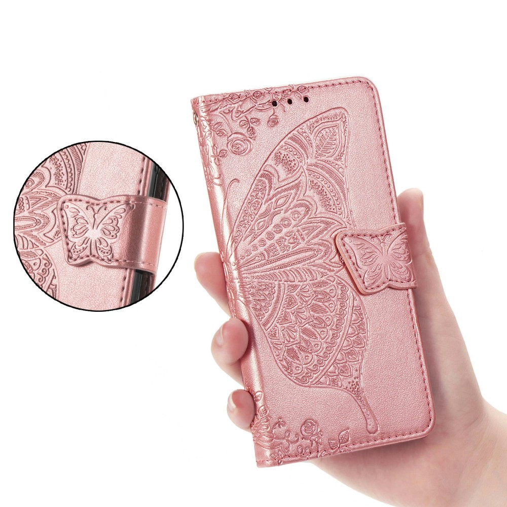 Samsung Galaxy S21 FE 5G Leder Tasche Flip Cover Schmetterlinge Imprint - Roségold