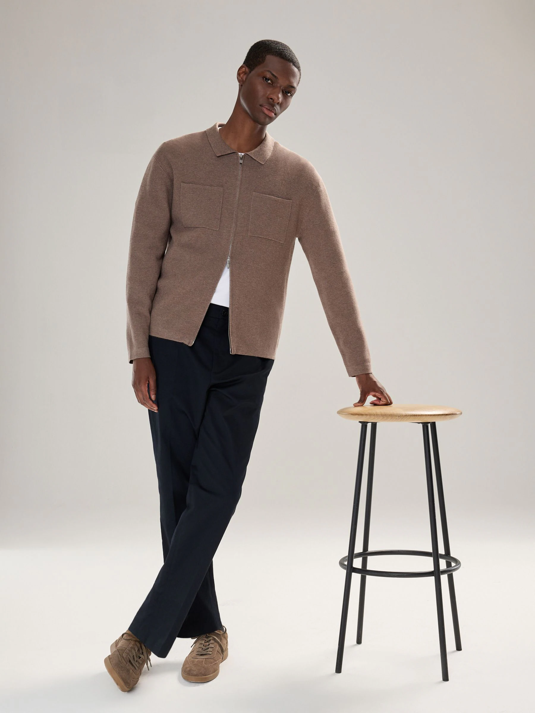Paddenstoelbruin - Regular Fit Premium Feel Mid Weight Zip Through Collared Cardigan