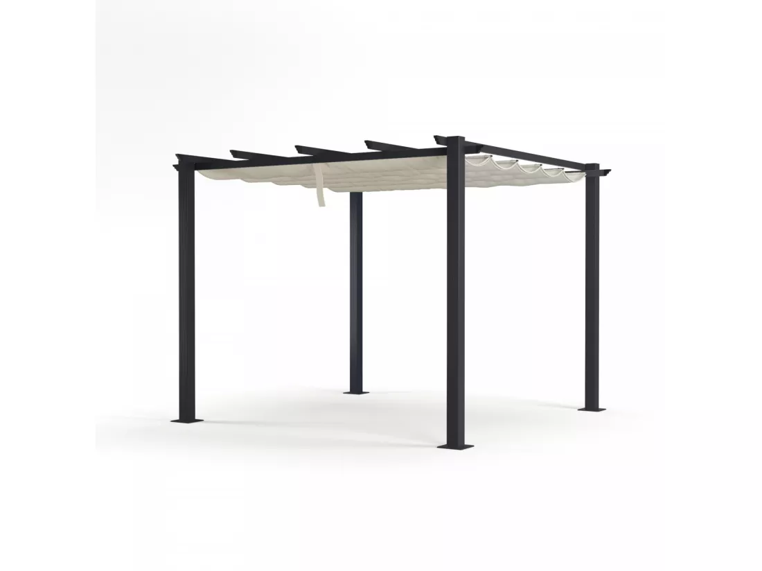 Tonnelle/Pergola aluminium 3x3m toile coulissante rétractable - Gris / Ecru - OHIO