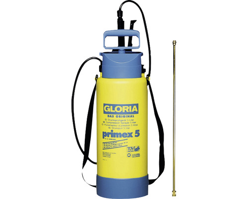 GLORIA primex 5 - 5 L drukspuit, tuinspuit inclusief 0,5 m messing verlengbuis, voetring en compressoraansluiting