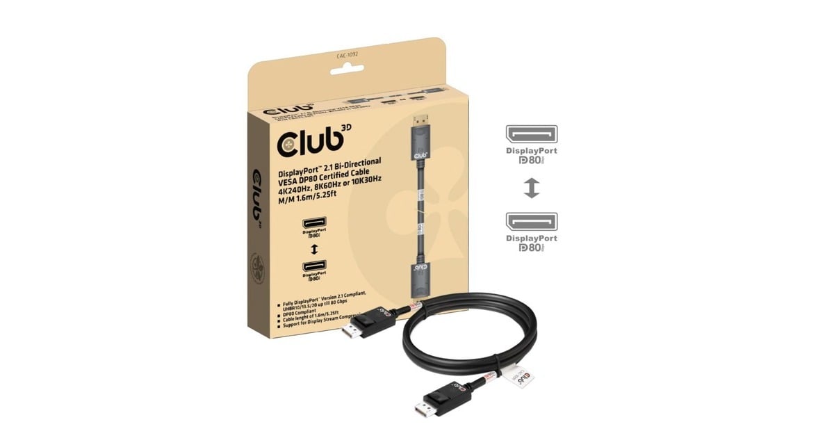 Club 3DDisplayPort 2.1 Bi-Directional VESA DP80 Certified kabel 4K 240 Hz  (1,6 meter)