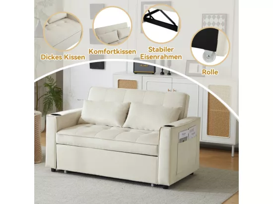 Canapé convertible en Velours - 2 places - avec 2 oreillers, poches d'accoudoir, porte-verres - Dossier inclinable - 137x76.5x83cm