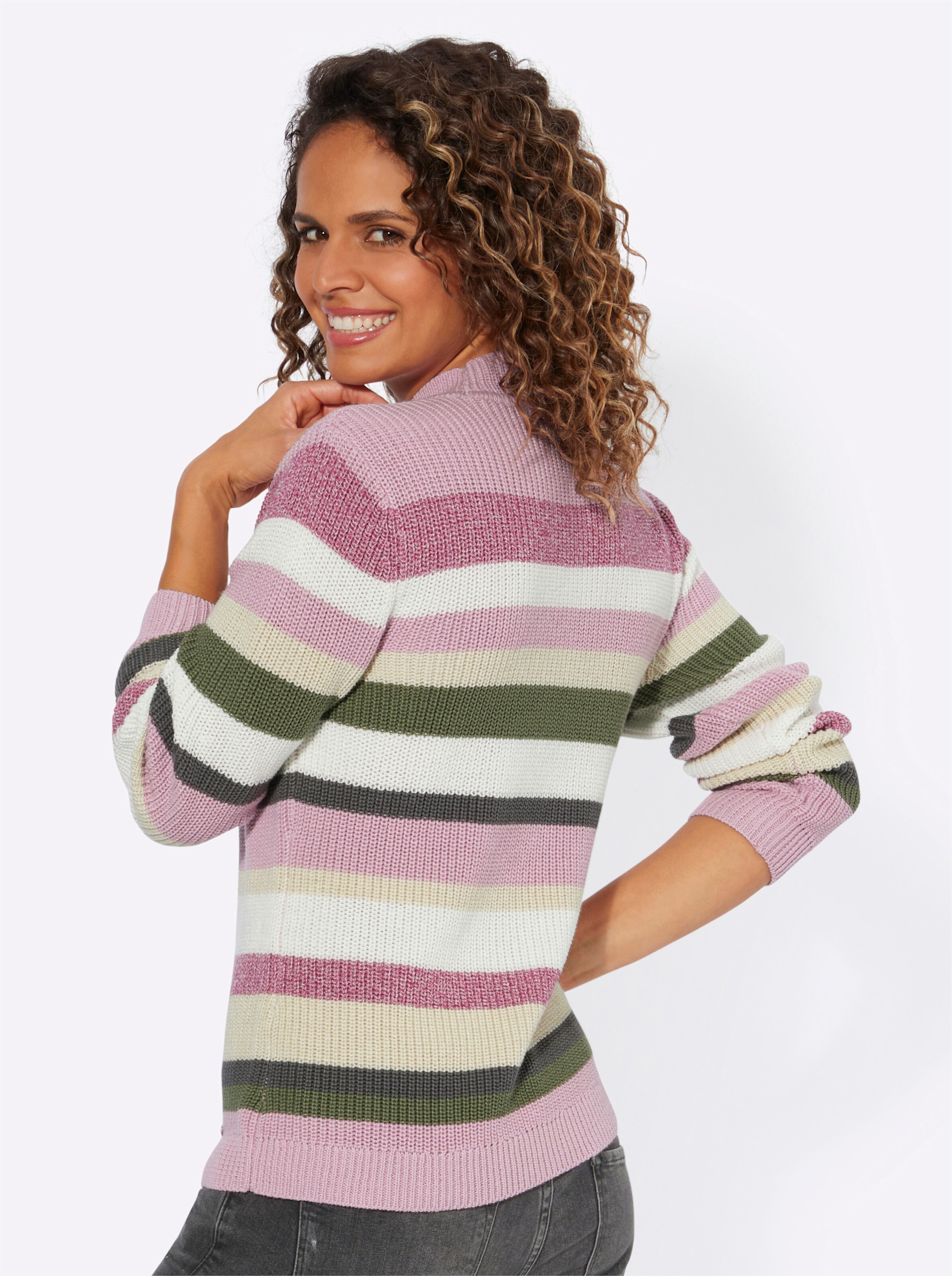 Stehkragen-Pullover in sand-rosé-gemustert