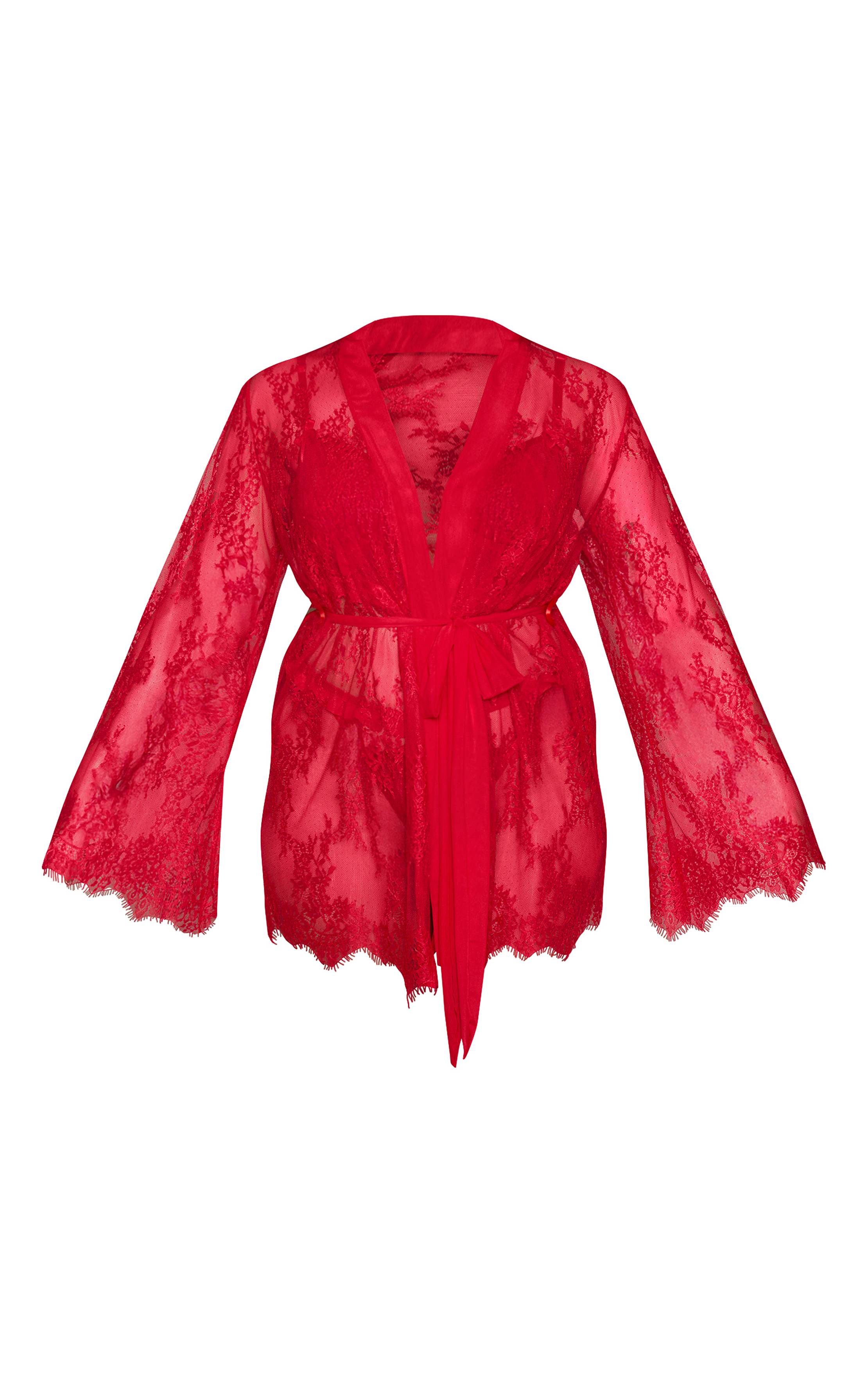 Rouge Robe De Chambre Longue Grande Taille En Dentelle À Manches Évasées Et Finitions Cils