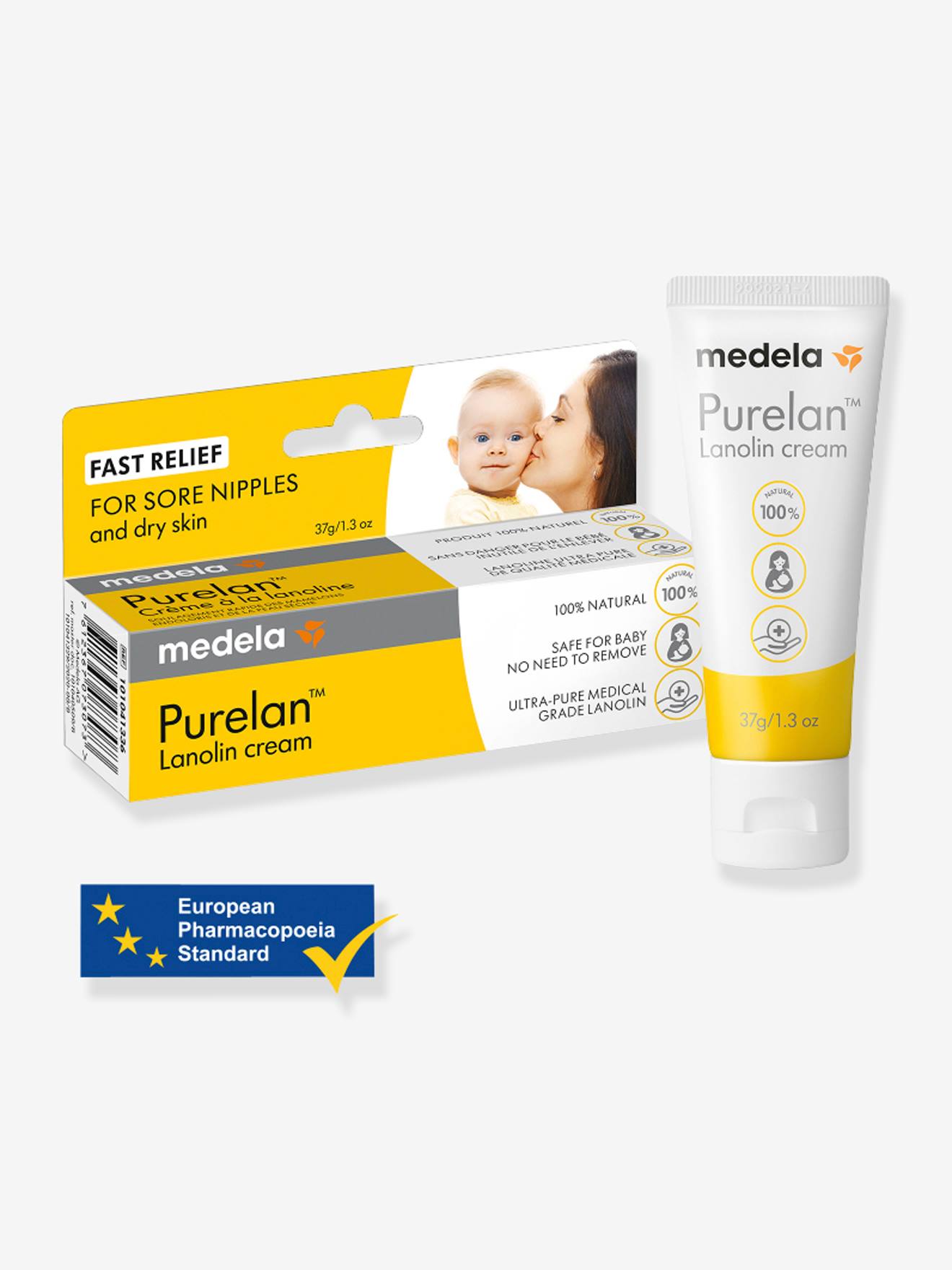 Creme hidratante Purelan 100 da MEDELA, tubo de 37g, branco médio e suave.