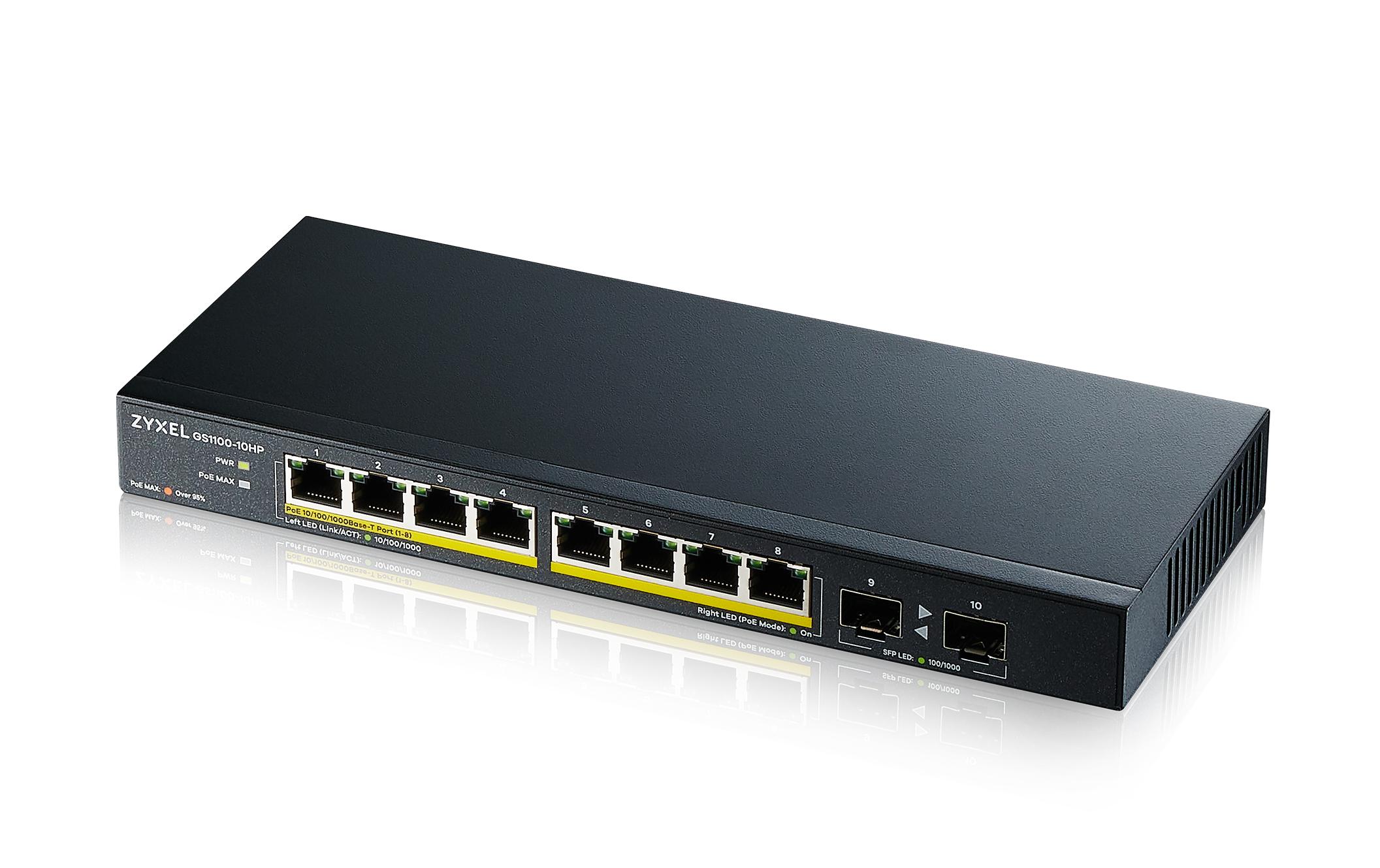 PoE+ Switch GS1100-10HP v2 10 Port<br>Lüfterloser Unmanaged-Gigabit-Switch mit PoE+ und 2x Fiber-Uplink