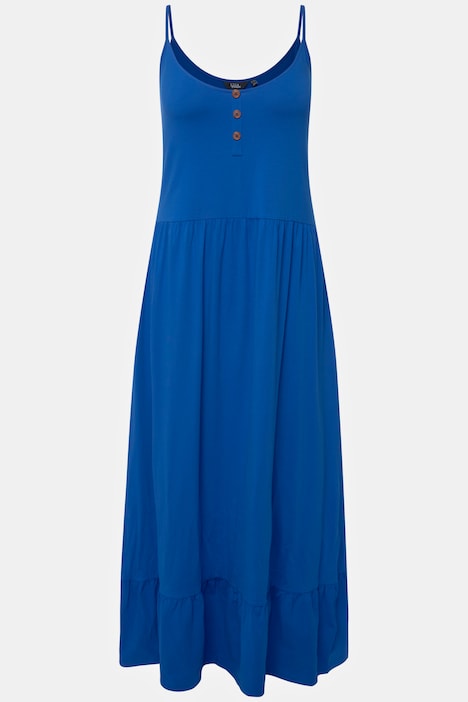 Midikleid, Volantstufen, A-Linie, Spaghettiträger, ärmellos